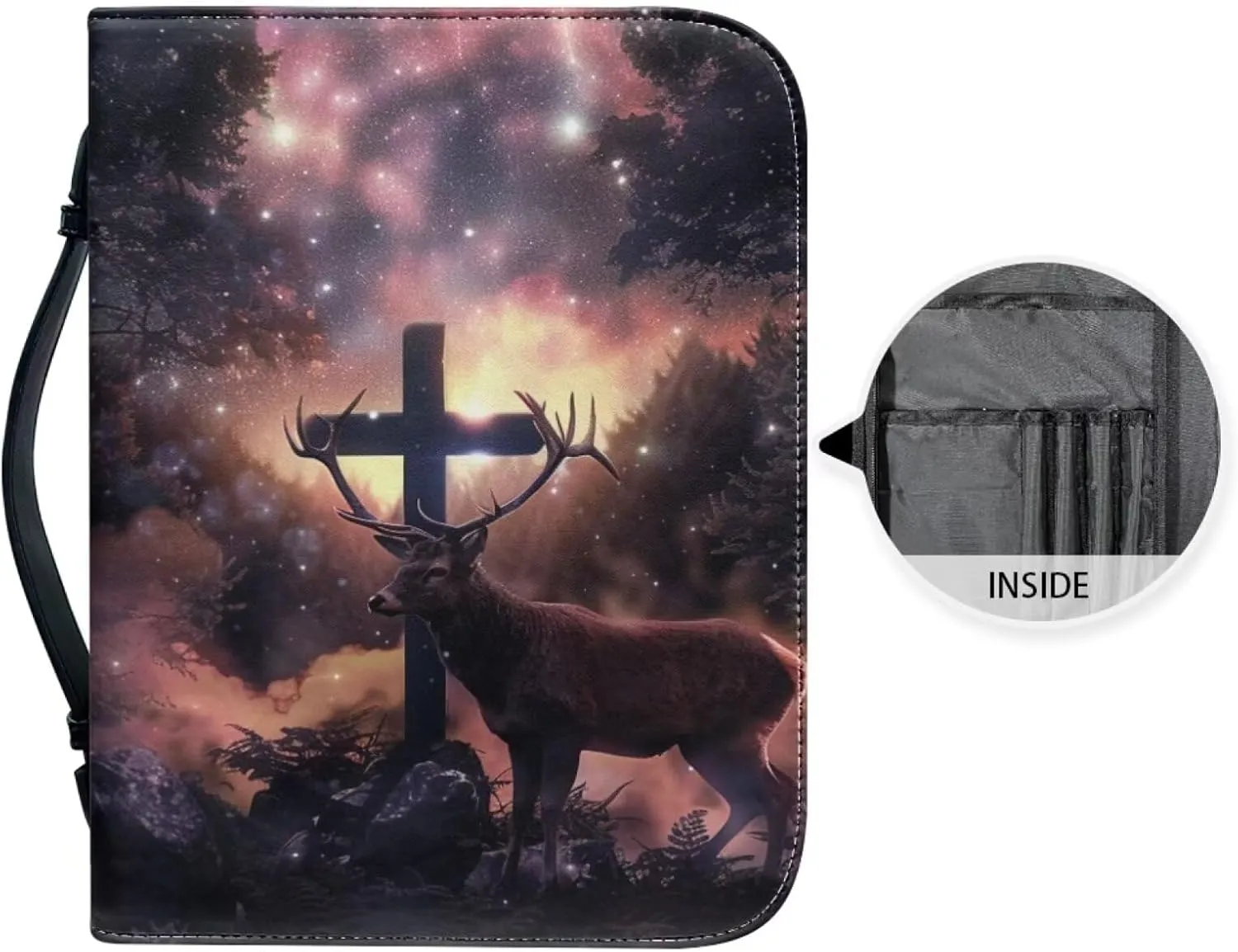 Leather Bible Cover Case/Book Cover, Bible Case for Women Men, Bible Cover Bags with Handle Fits for Standard Size Bible,Cross and Deer,L
