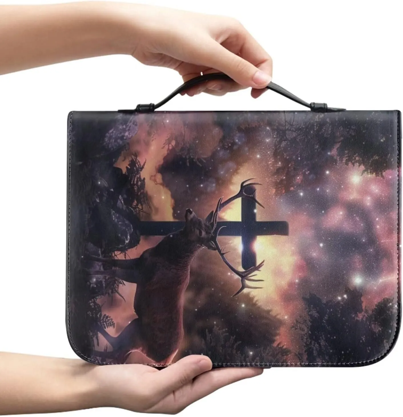 Leather Bible Cover Case/Book Cover, Bible Case for Women Men, Bible Cover Bags with Handle Fits for Standard Size Bible,Cross and Deer,L