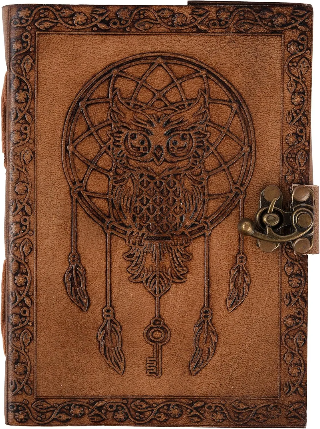 Leather Journal 7 x 5 Inch 220 Page Journal, Vintage Owl Embossed Blank Book, Sketchbook, Notebook Leather Journal (Handmade Unlined Paper) Pocket style with Lock Closure for Men and Women (Vintage