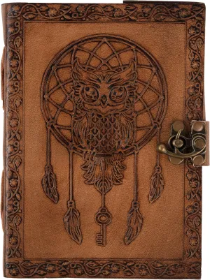 Leather Journal 7 x 5 Inch 220 Page Journal, Vintage Owl Embossed Blank Book, Sketchbook, Notebook Leather Journal (Handmade Unlined Paper) Pocket style with Lock Closure for Men and Women (Vintage
