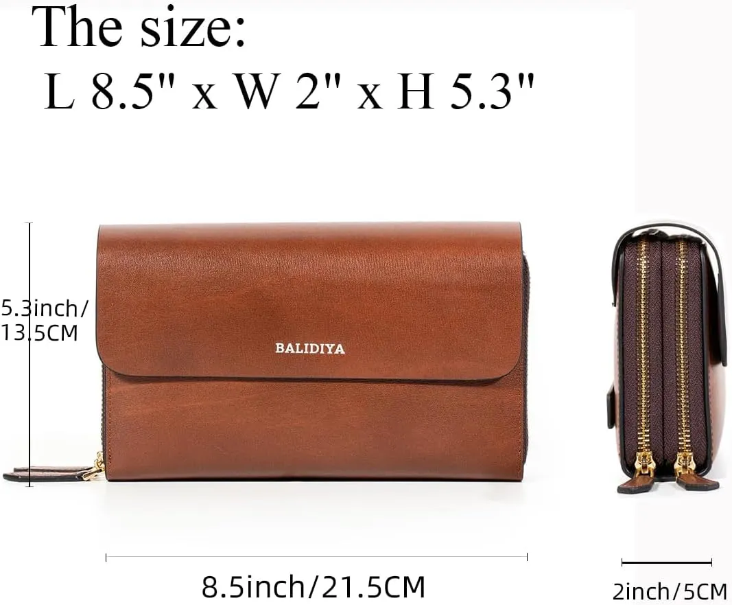 Leather Men Clutch Bag Large Wallet Purse Card Holder Case Business with Double Zip Handbag