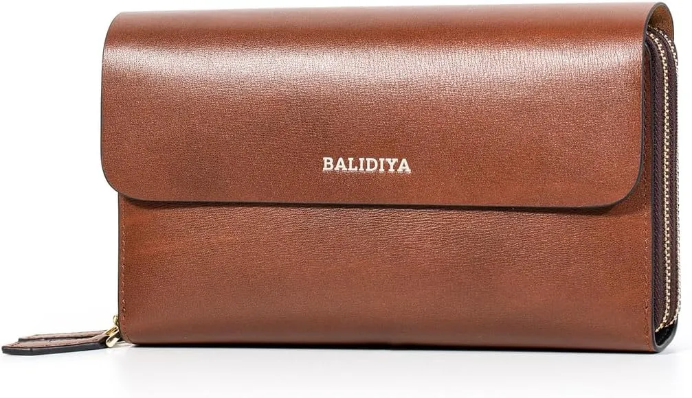 Leather Men Clutch Bag Large Wallet Purse Card Holder Case Business with Double Zip Handbag