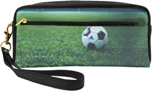 Leather Small Makeup Bag â€“ Soccer Ball On Grassy Print Travel Toiletry Bag, Cosmetic Accessories Organizer for Business Trips