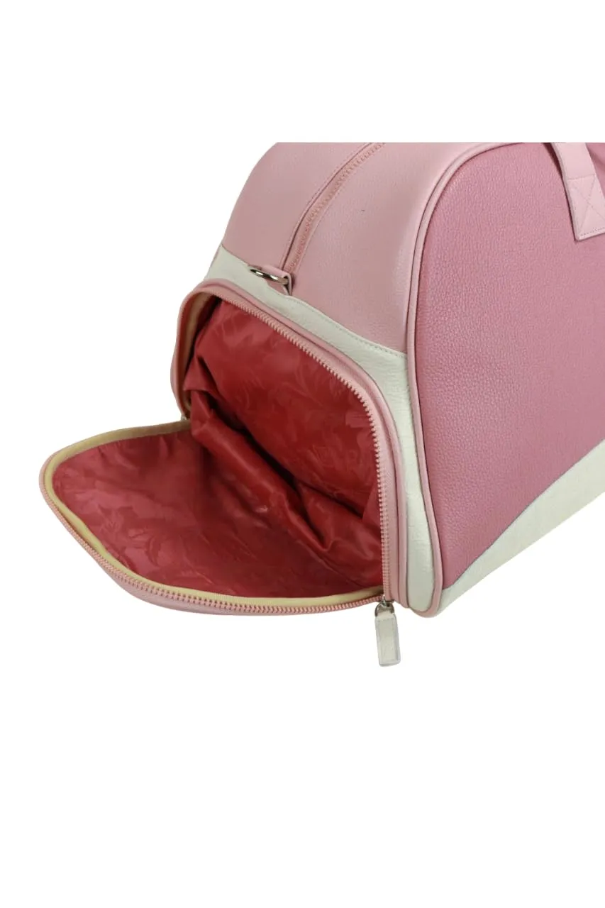 Leather Sports Duffle Equipment Bag with Shoes Compartment | Handmade to Order in Italy, Soft Pebble-Grain Waterproof Leather | Elegant Luxury Travel Sports Tennis Baseball Duffle (Fuchsia/White/Pink)