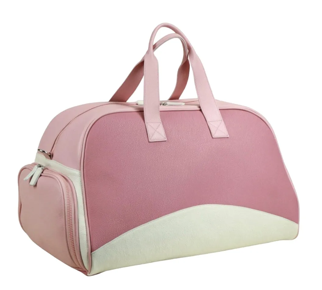 Leather Sports Duffle Equipment Bag with Shoes Compartment | Handmade to Order in Italy, Soft Pebble-Grain Waterproof Leather | Elegant Luxury Travel Sports Tennis Baseball Duffle (Fuchsia/White/Pink)
