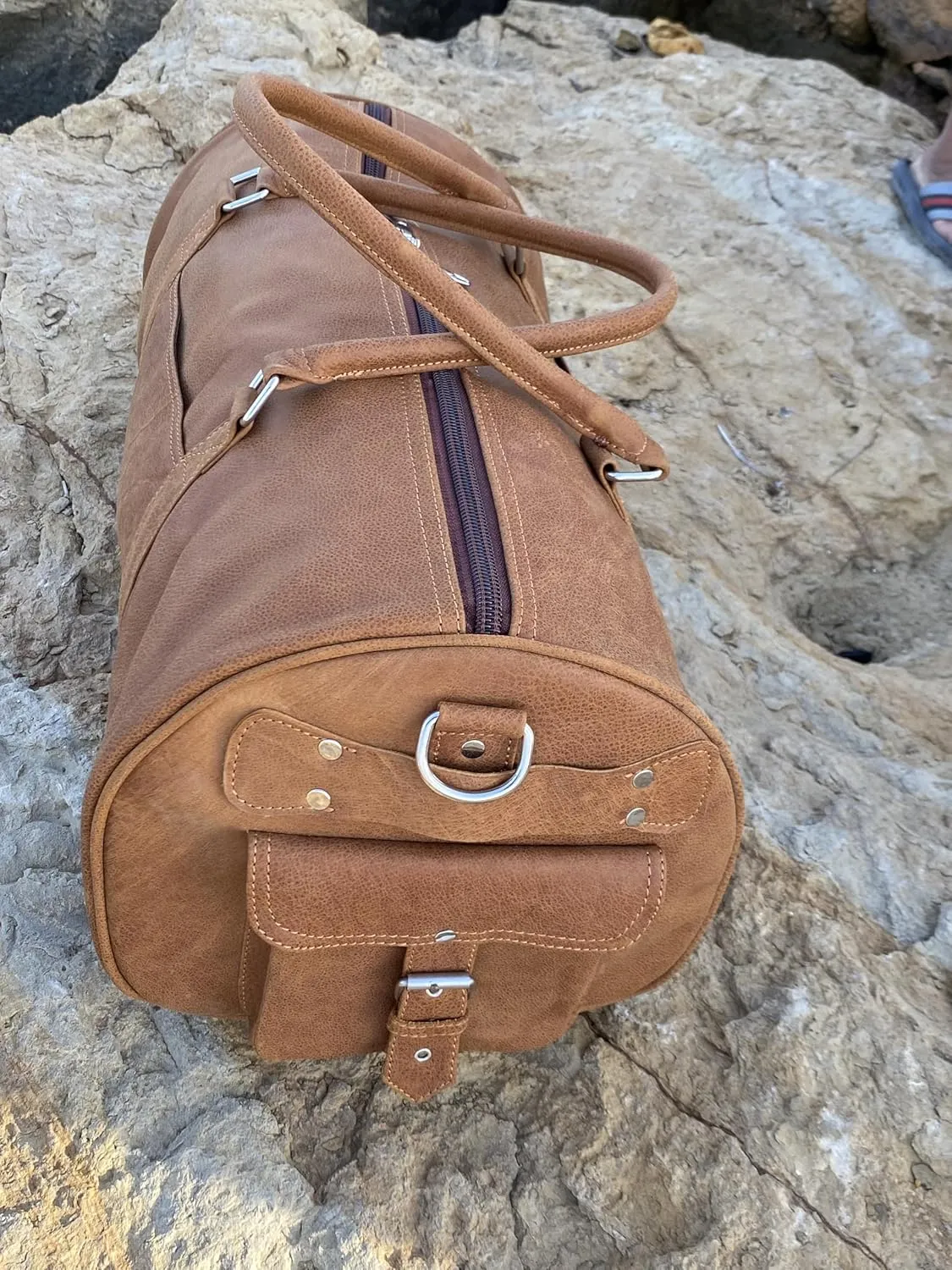 Leather Travel Duffel Weekender Bag Carry on Overnight Bag Sports Duffle Gym sports keepall shoe clothes holdall bag For men and Women (grain side grip camel)