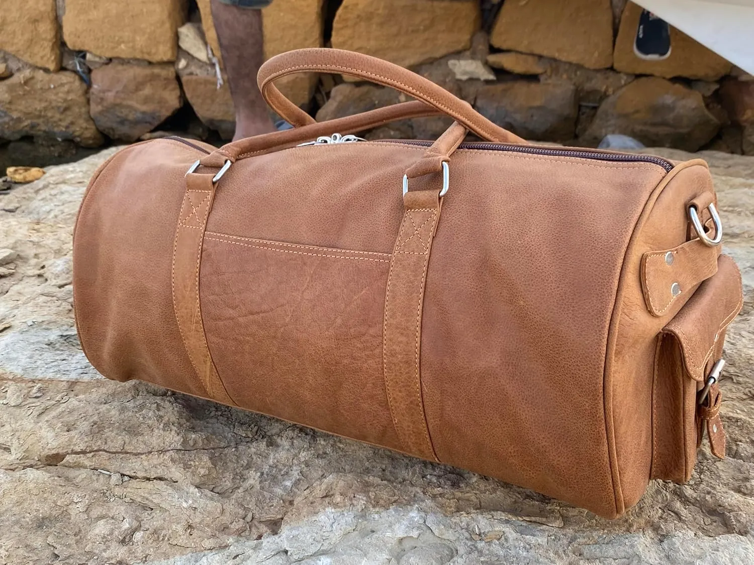Leather Travel Duffel Weekender Bag Carry on Overnight Bag Sports Duffle Gym sports keepall shoe clothes holdall bag For men and Women (grain side grip camel)