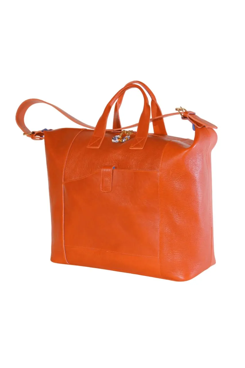 Leather Venetian Duffle Bag with Murano Murrina Glass | Handmade to Order in Italy, Soft Pebble-Grain Leather | Luxury Travel Purse (Orange)