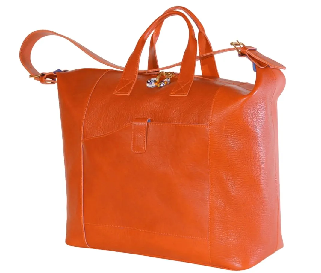 Leather Venetian Duffle Bag with Murano Murrina Glass | Handmade to Order in Italy, Soft Pebble-Grain Leather | Luxury Travel Purse (Orange)