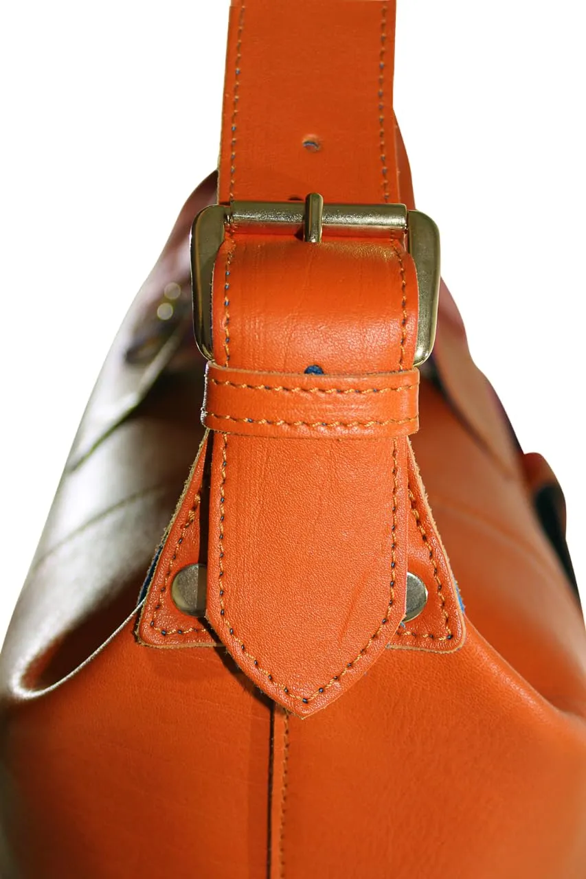 Leather Venetian Duffle Bag with Murano Murrina Glass | Handmade to Order in Italy, Soft Pebble-Grain Leather | Luxury Travel Purse (Orange)