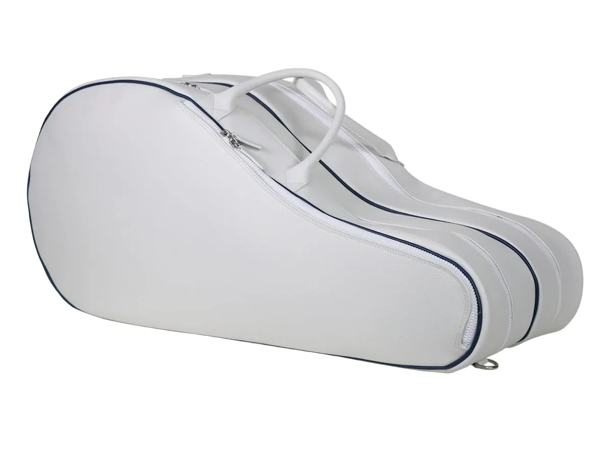 Leather Wide Tennis Bag for 4 Rackets | Handmade to Order in Italy, Soft Pebble-Grain Waterproof Real Leather | Racquets Holder Duffle Bag Elegant Luxurious (White/Blue)