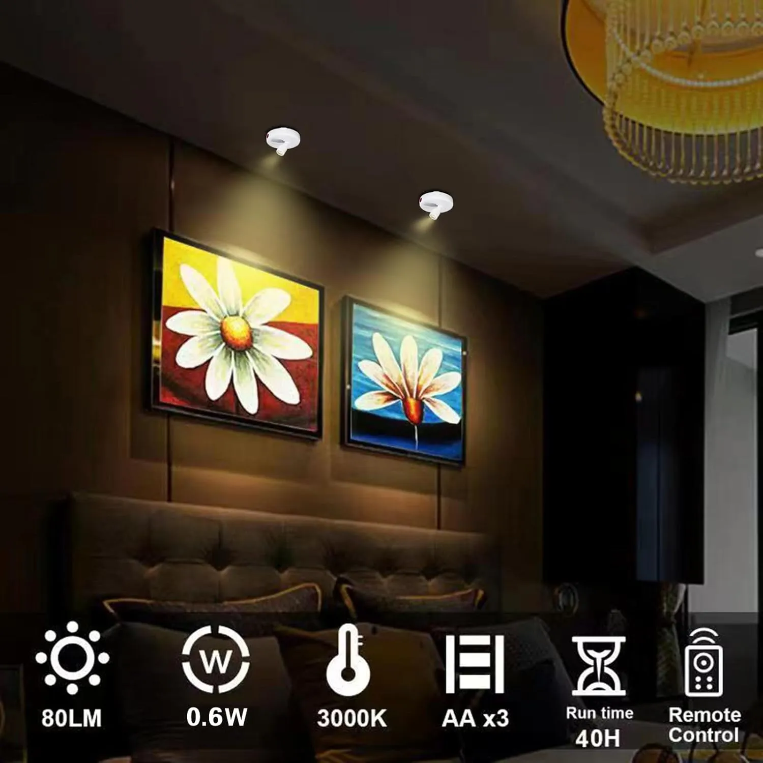 LED Spotlight, Battery Operated Picture Lights, Indoor Uplight, Puck Lights with Remote, Spot Light for Wall Art Display Dartboard Painting Accent Artwork Closet-4Pack