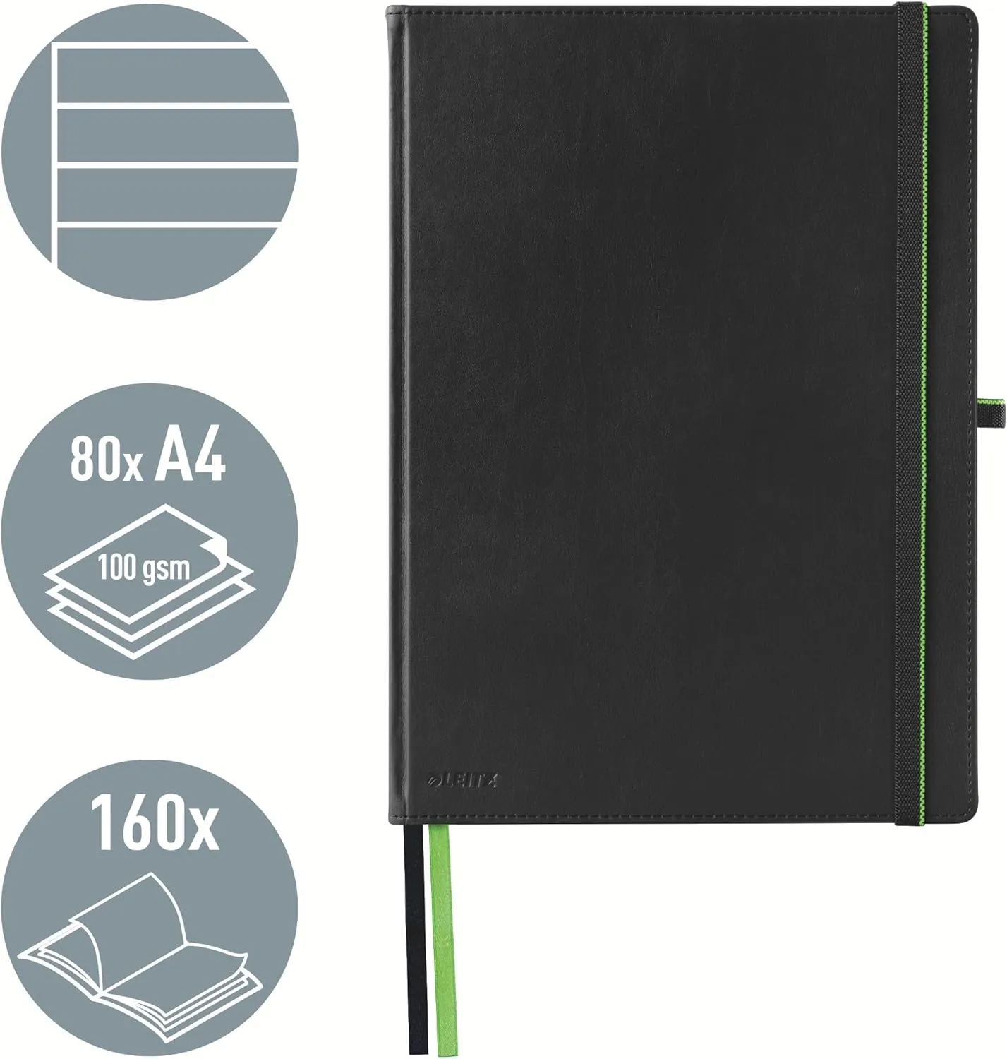 Leitz A4 Hard Cover Notebook, Black (80 Sheets, Ruled, with 2 Bookmarks, 100 gsm Ivory Paper, Complete Range)