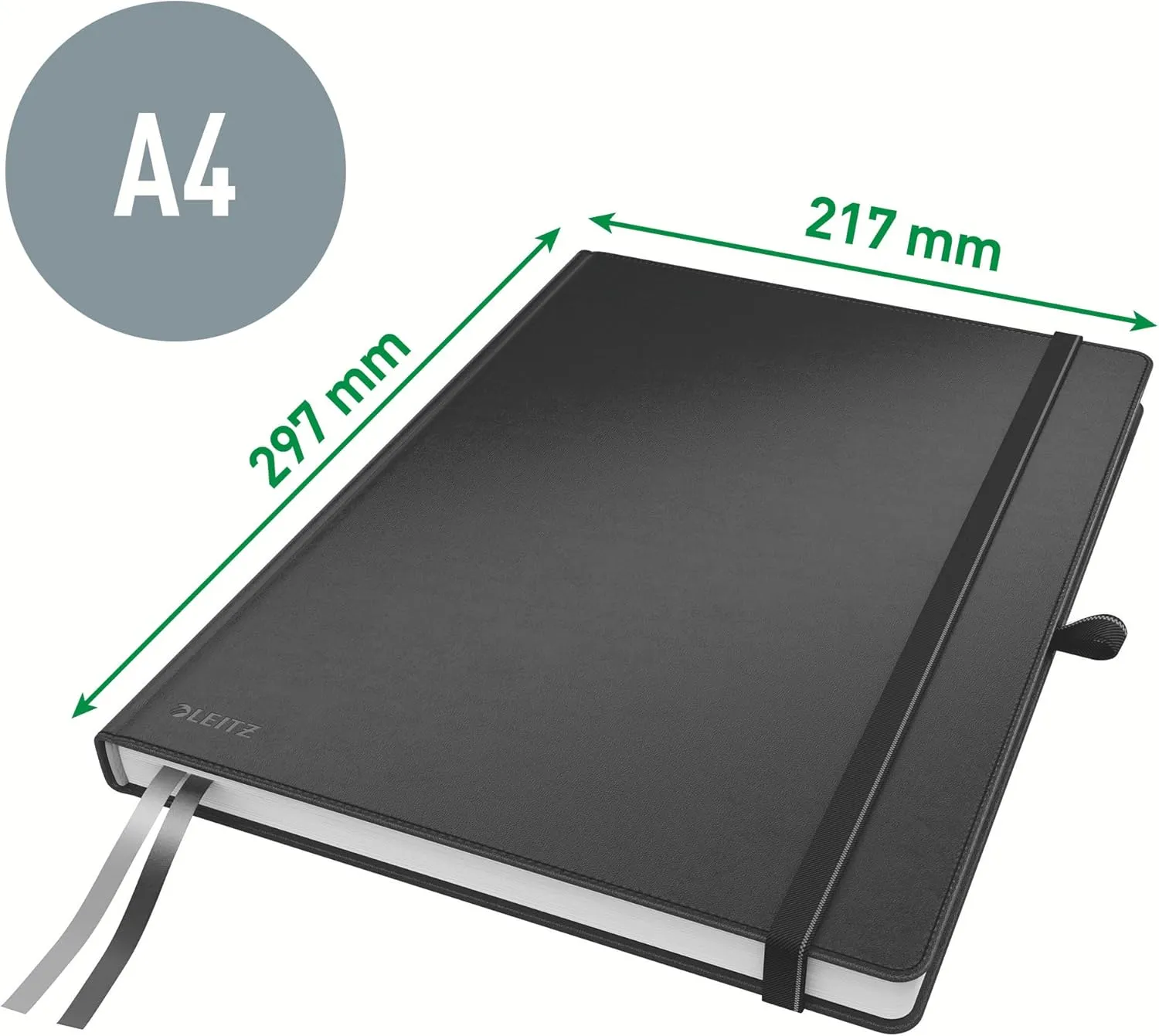 Leitz A4 Hard Cover Notebook, Black (80 Sheets, Ruled, with 2 Bookmarks, 100 gsm Ivory Paper, Complete Range)