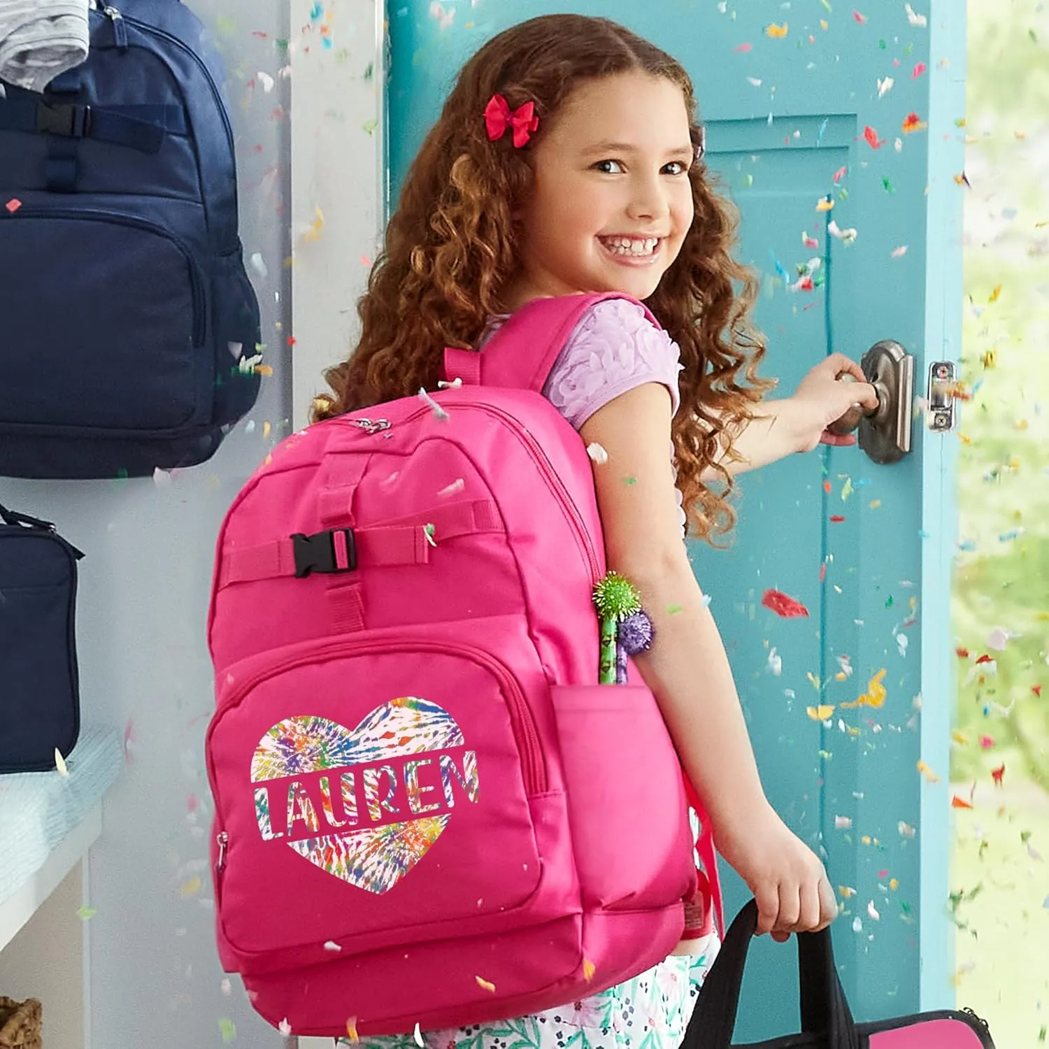 Let's Make Memories Kids Backpack for School - Personalized Back to School - Bookbag with Lunch Box - Pink, Tie Dye Heart