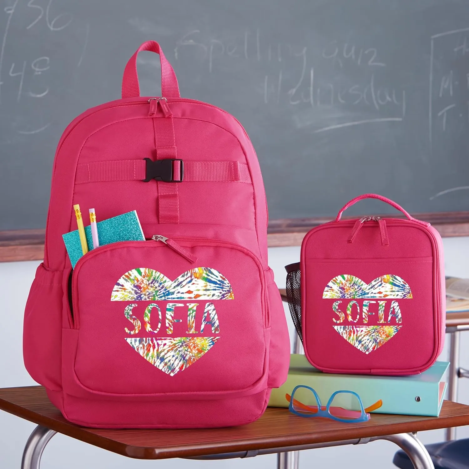Let's Make Memories Kids Backpack for School - Personalized Back to School - Bookbag with Lunch Box - Pink, Tie Dye Heart