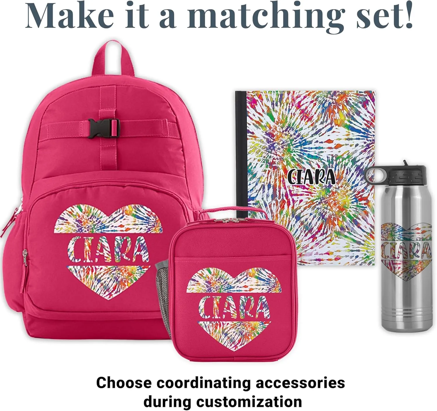 Let's Make Memories Kids Backpack for School - Personalized Back to School - Bookbag with Lunch Box - Pink, Tie Dye Heart