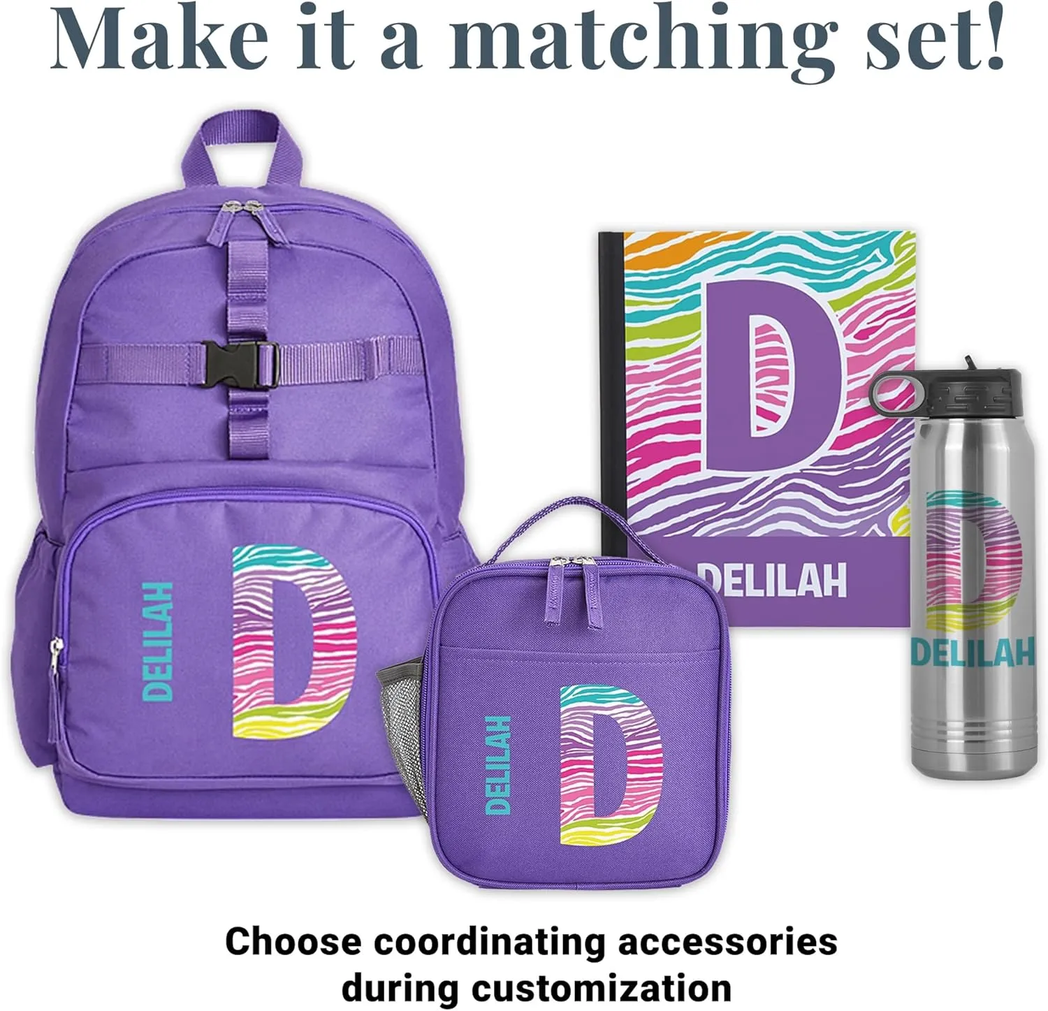 Let's Make Memories Kids Backpack for School - Personalized Back to School - Bookbag with Lunch Box - Purple - Animal Print