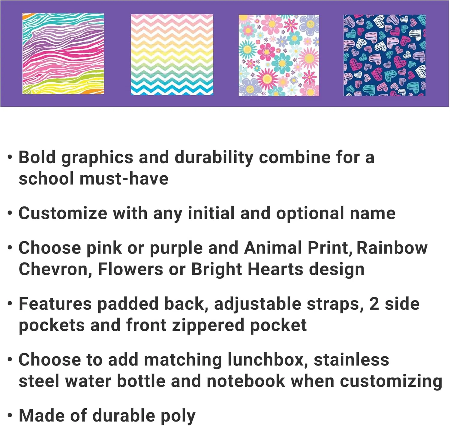 Let's Make Memories Kids Backpack for School - Personalized Back to School - Bookbag with Lunch Box - Purple - Animal Print