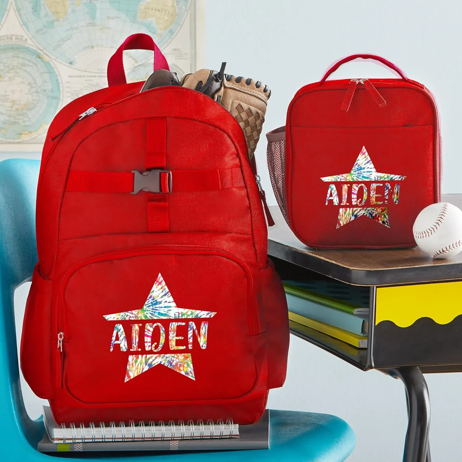 Let's Make Memories Kids Backpack for School - Personalized Back to School - Bookbag with Lunch Box - Red, Tie Dye Star