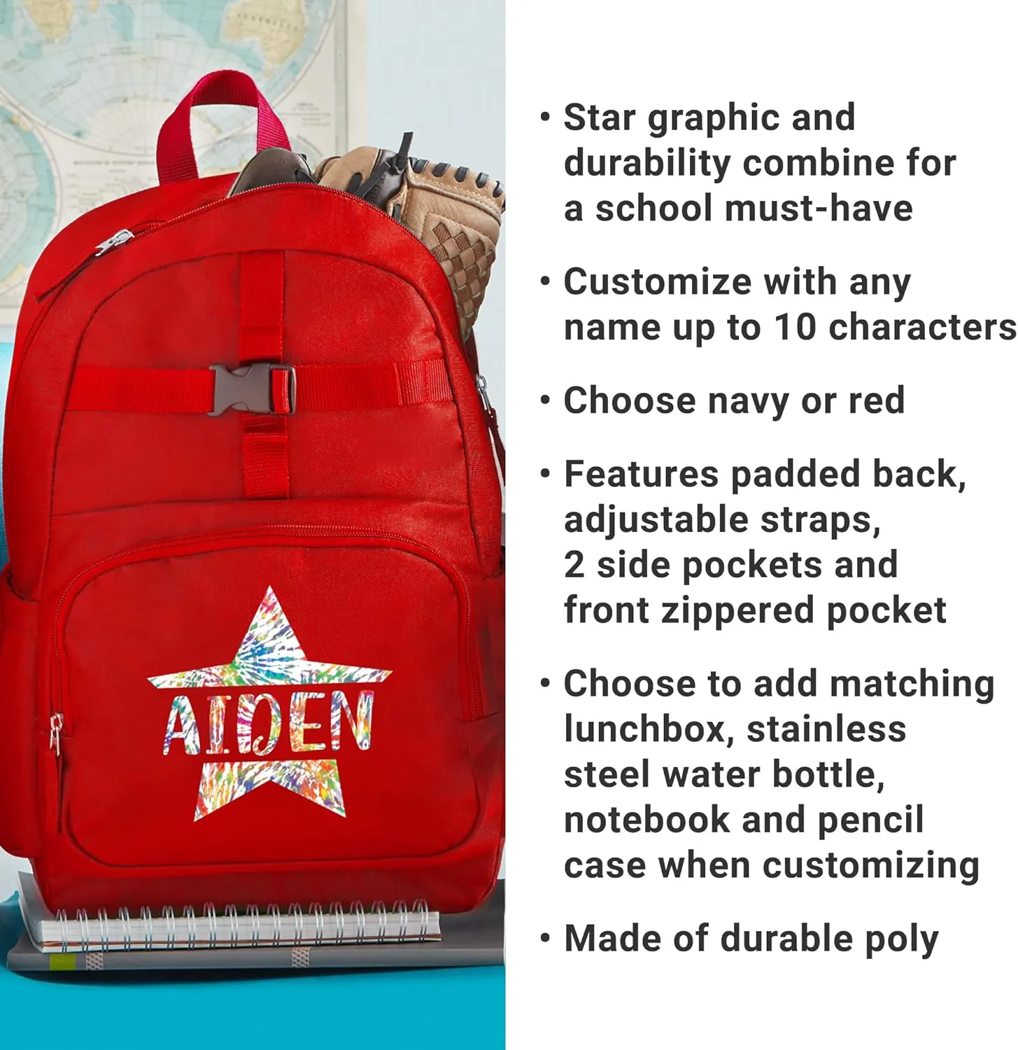 Let's Make Memories Kids Backpack for School - Personalized Back to School - Bookbag with Lunch Box - Red, Tie Dye Star