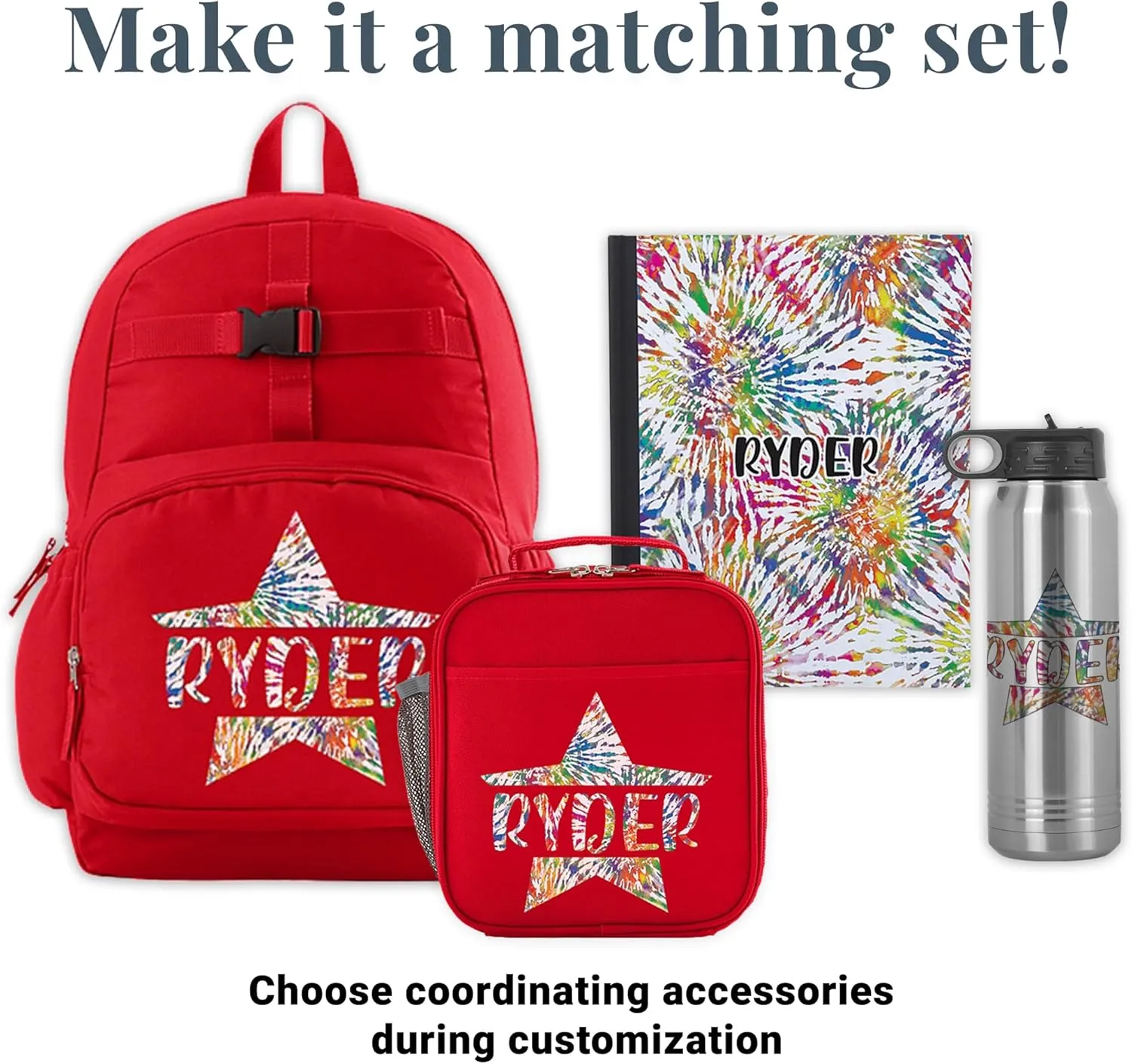 Let's Make Memories Kids Backpack for School - Personalized Back to School - Bookbag with Lunch Box - Red, Tie Dye Star