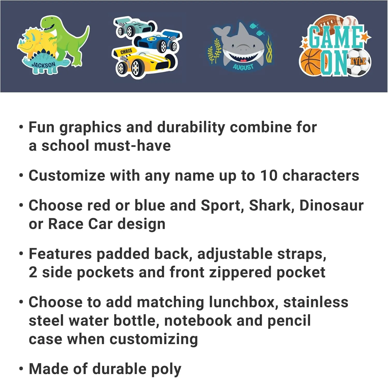 Let's Make Memories Kids Backpack for School - Personalized Back to School Supplies - Bookbag with Lunch Box - Blue - Shark