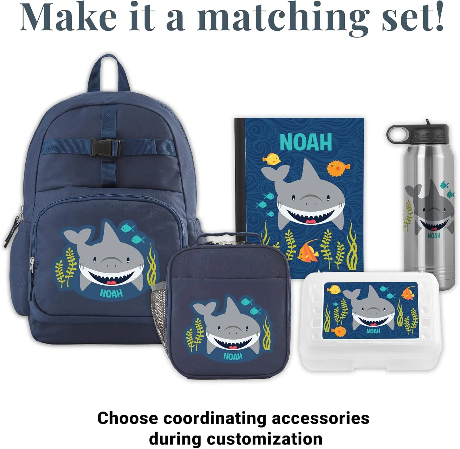 Let's Make Memories Kids Backpack for School - Personalized Back to School Supplies - Bookbag with Lunch Box - Blue - Shark