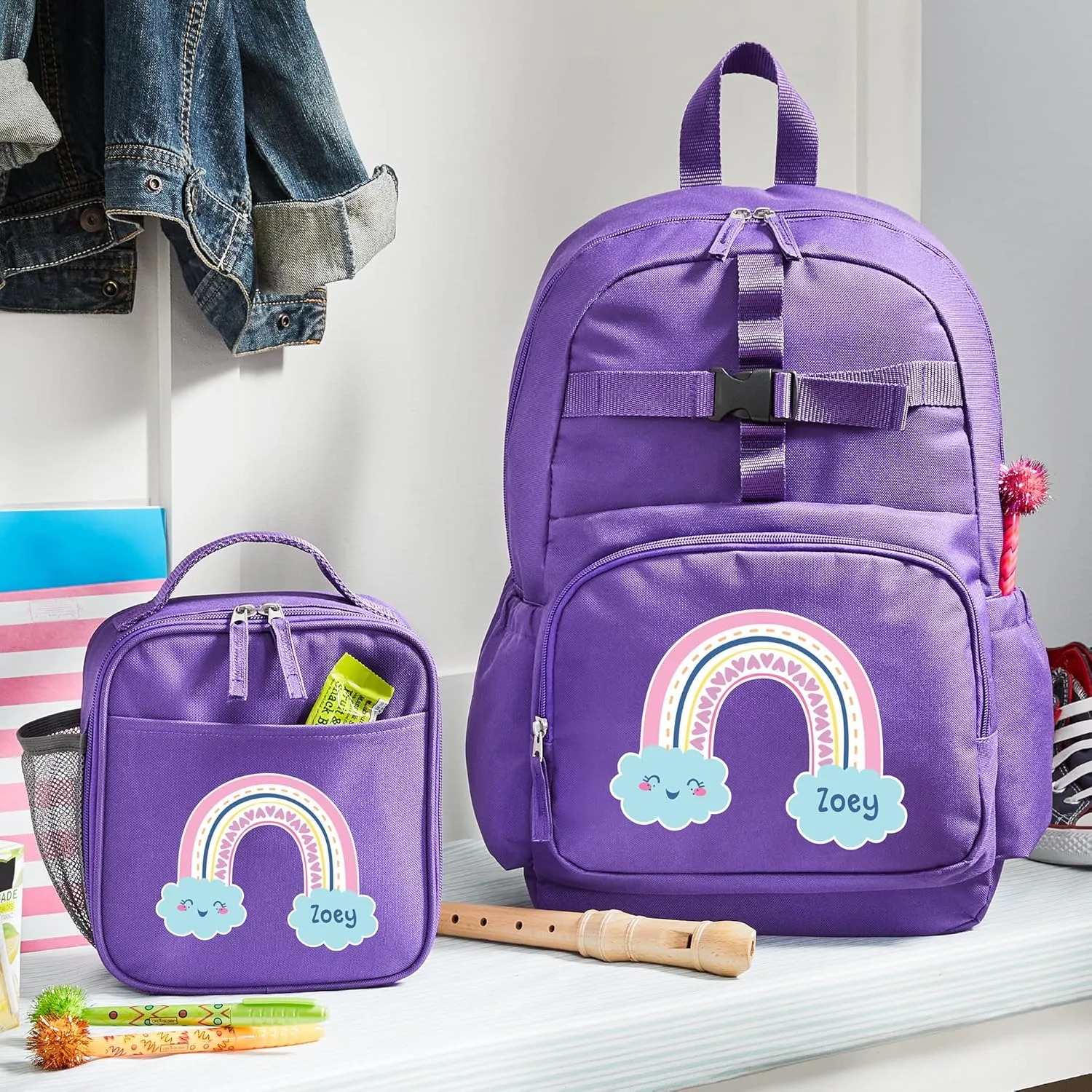 Let's Make Memories Kids Backpack for School - Personalized Back to School Supplies - Bookbag with Lunch Box - Purple, Heart
