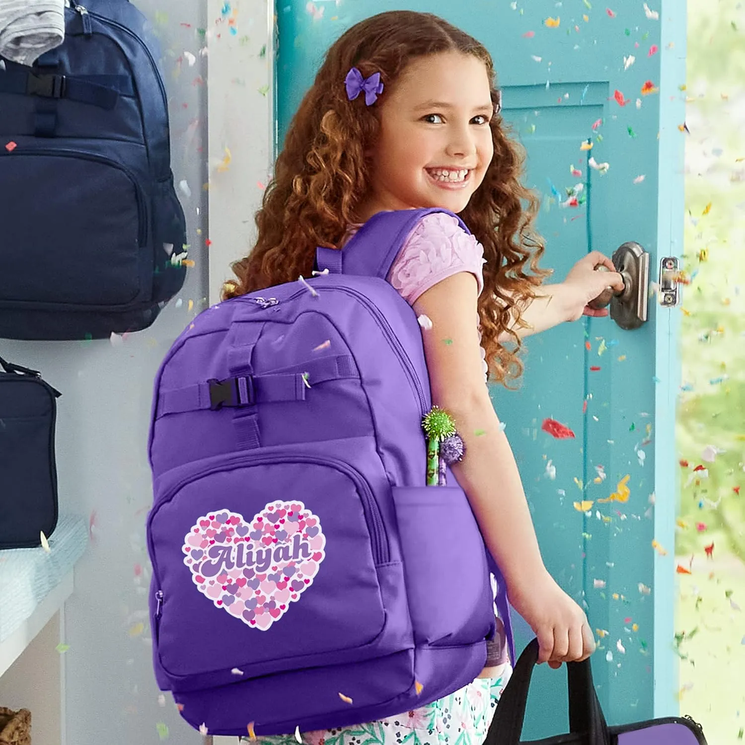 Let's Make Memories Kids Backpack for School - Personalized Back to School Supplies - Bookbag with Lunch Box - Purple, Heart