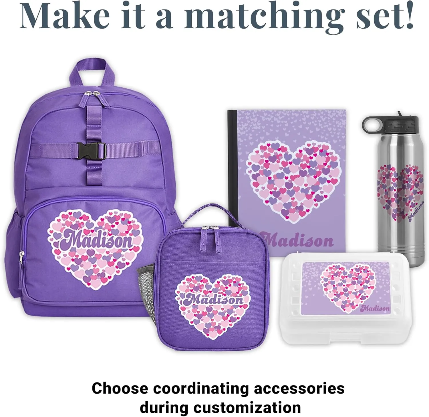 Let's Make Memories Kids Backpack for School - Personalized Back to School Supplies - Bookbag with Lunch Box - Purple, Heart