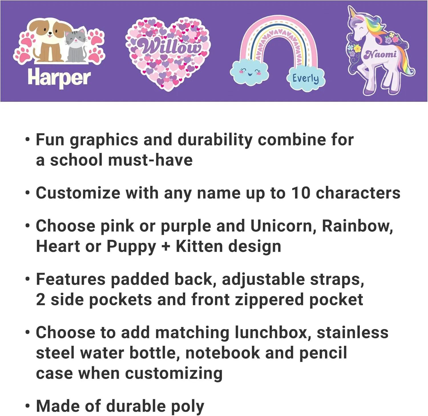 Let's Make Memories Kids Backpack for School - Personalized Back to School Supplies - Bookbag with Lunch Box - Purple, Heart