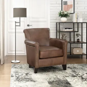 Lexicon 100% Top Grain Genuine Leather Chair, Leather Accent Chairs for Living Room, Solid Wood Frame, Rolled Armrest & Nailhead Trim, Comfy Reading for Bedroom, Office, Waiting Room, Classic Brown