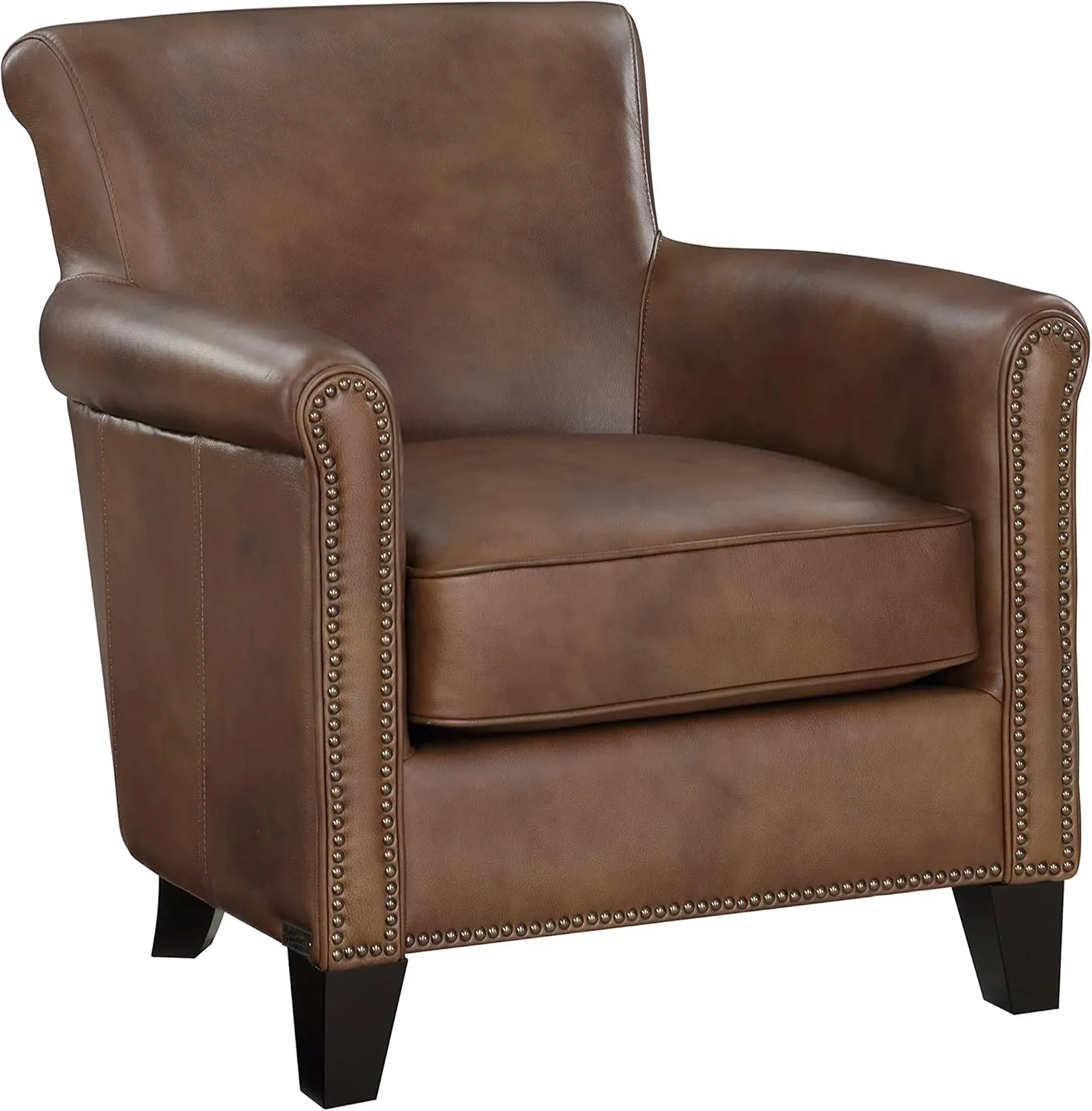 Lexicon 100% Top Grain Genuine Leather Chair, Leather Accent Chairs for Living Room, Solid Wood Frame, Rolled Armrest & Nailhead Trim, Comfy Reading for Bedroom, Office, Waiting Room, Classic Brown