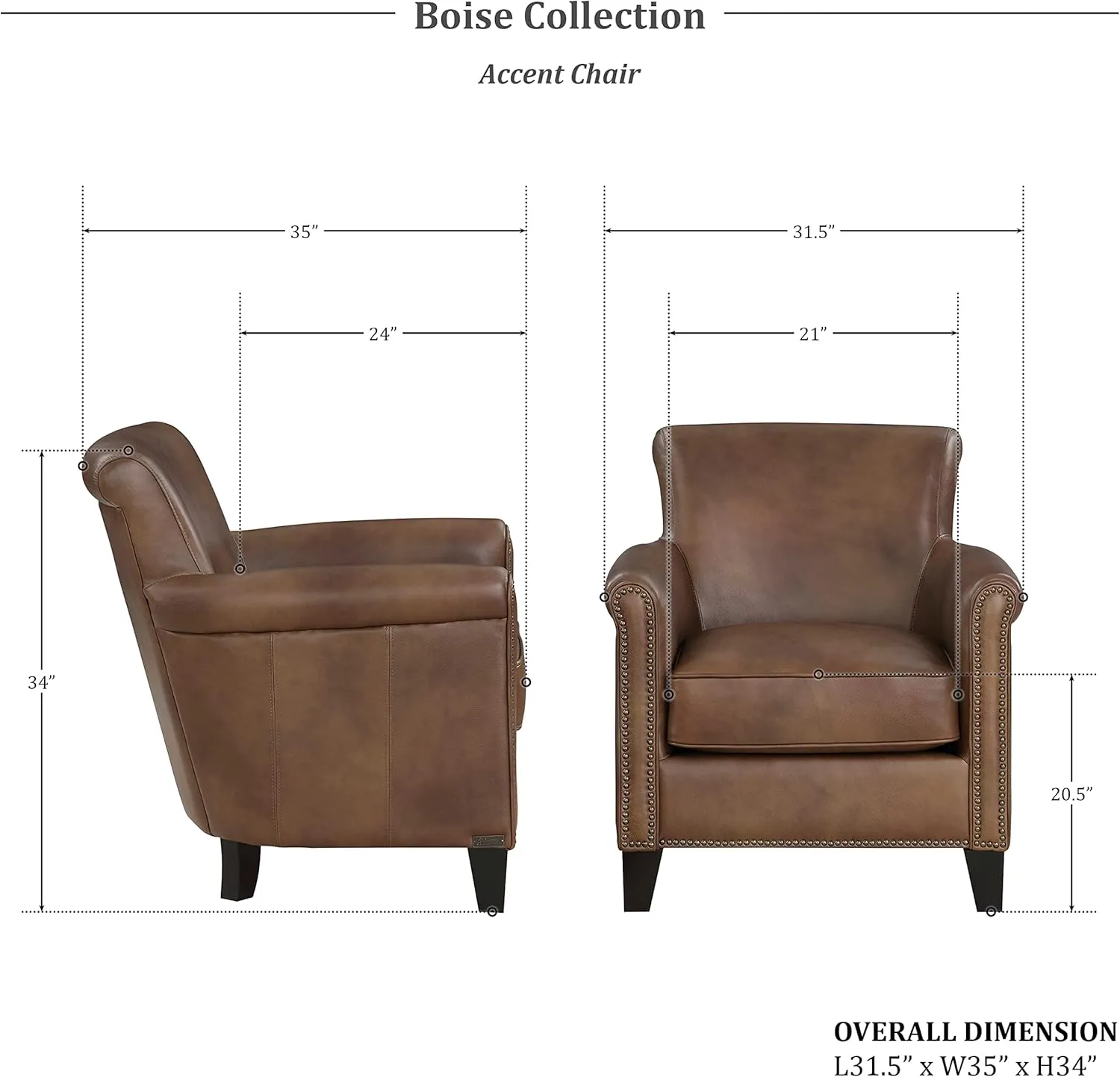 Lexicon 100% Top Grain Genuine Leather Chair, Leather Accent Chairs for Living Room, Solid Wood Frame, Rolled Armrest & Nailhead Trim, Comfy Reading for Bedroom, Office, Waiting Room, Classic Brown