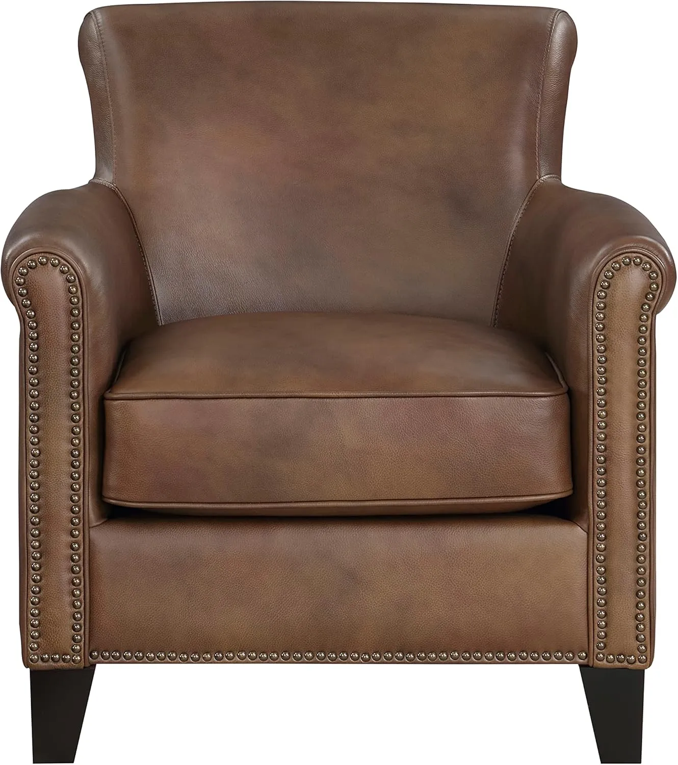 Lexicon 100% Top Grain Genuine Leather Chair, Leather Accent Chairs for Living Room, Solid Wood Frame, Rolled Armrest & Nailhead Trim, Comfy Reading for Bedroom, Office, Waiting Room, Classic Brown