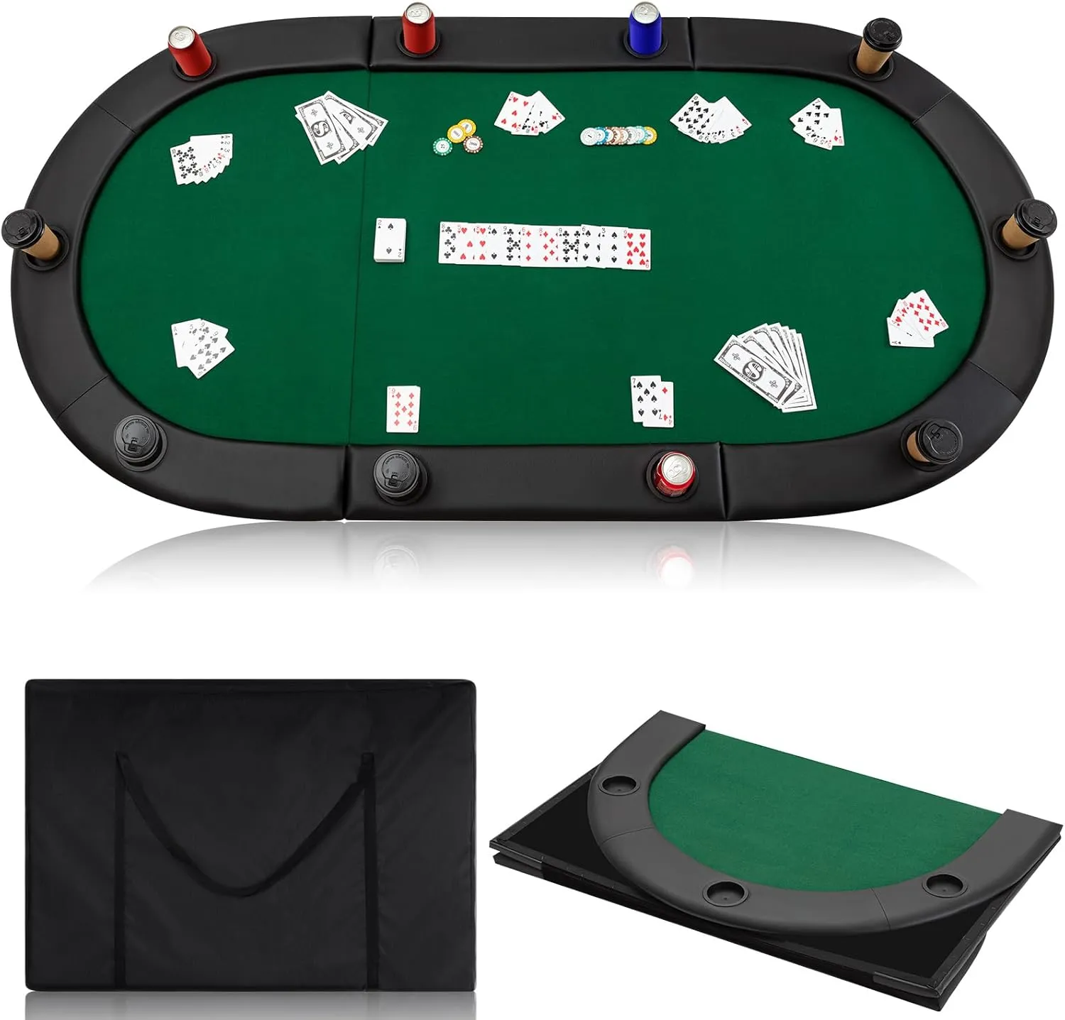 Leyndo 84" Tri Fold Folding Poker Padded Table Top with 10 Cupholders, Anti Slip Felt Top Table Mat Game Board and Carrying Bag for 10 Player Family Game (Green)