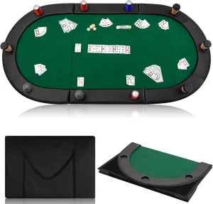 Leyndo 84" Tri Fold Folding Poker Padded Table Top with 10 Cupholders, Anti Slip Felt Top Table Mat Game Board and Carrying Bag for 10 Player Family Game (Green)
