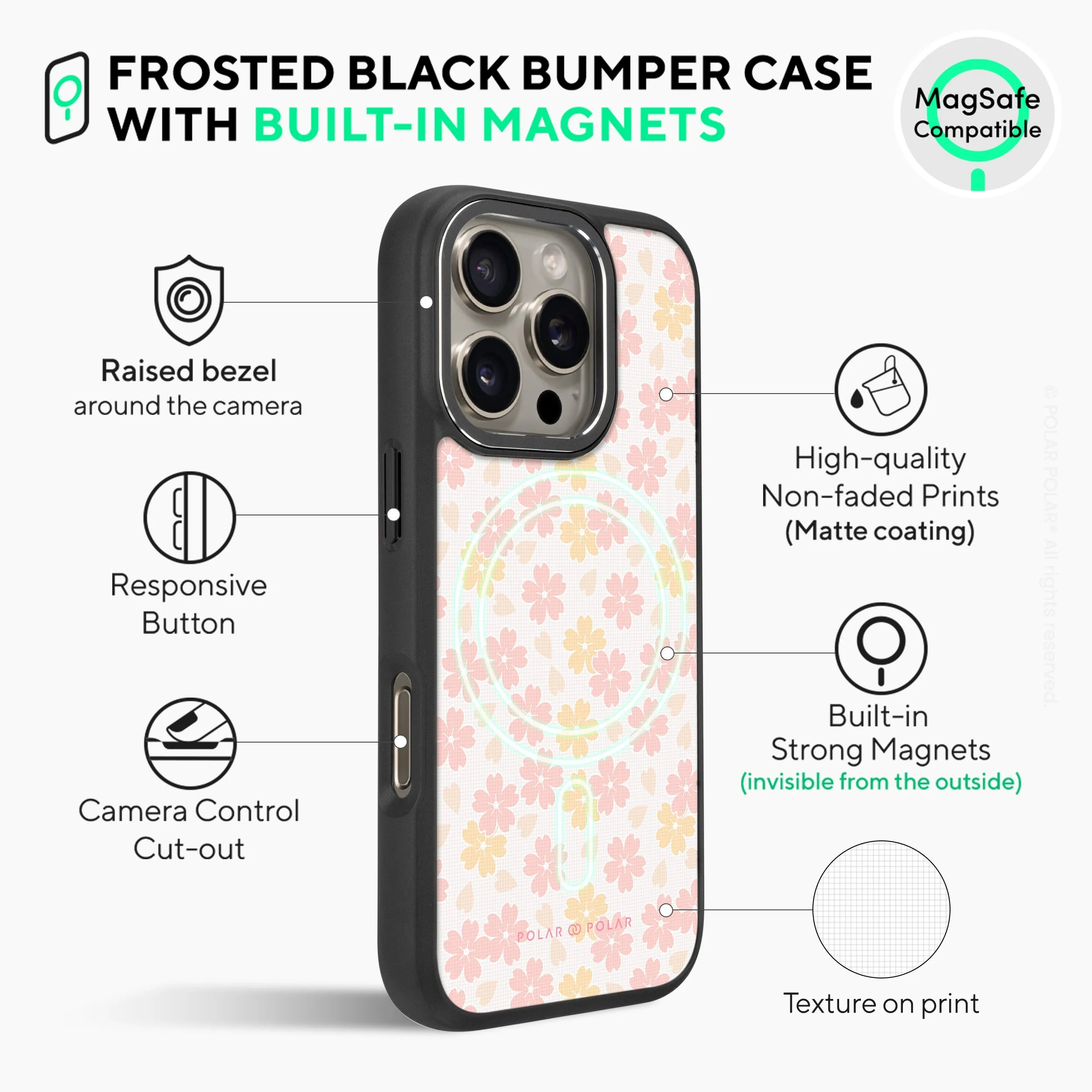 Light Pink Sakura - iPhone 16 Pro Max Frosted Black Bumper MagSafe Case