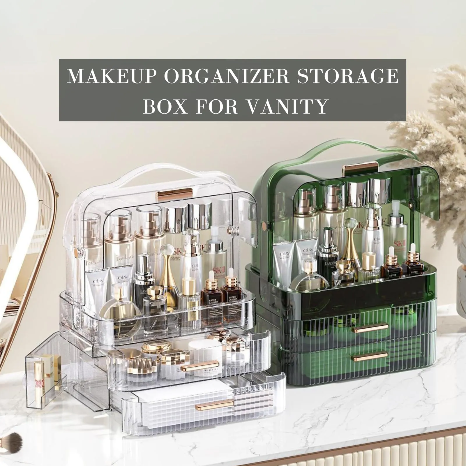 LINFIDITE Cosmetics Storage Box Transparent Lid Large Makeup Organizer Box Drawers Portable Handle Waterproof Dustproof Skincare Display Cases for Countertop, Bathroom, Dresser,Gift Clear Green