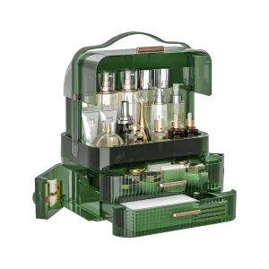 LINFIDITE Cosmetics Storage Box Transparent Lid Large Makeup Organizer Box Drawers Portable Handle Waterproof Dustproof Skincare Display Cases for Countertop, Bathroom, Dresser,Gift Clear Green