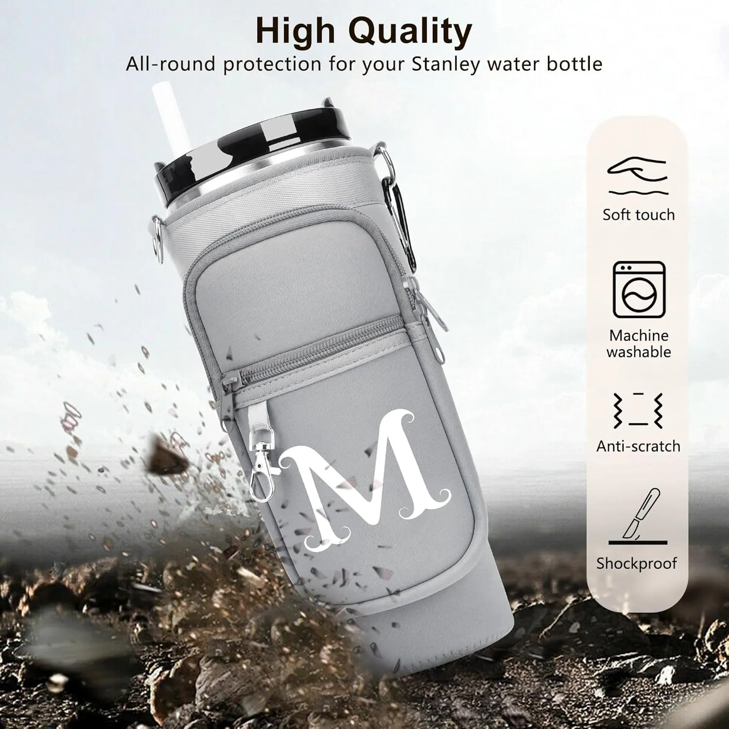 LOKASS Water Bottle Holder with Strap for Stanley Cup 30 oz Tumbler with Handle, Personalized Initial Gift, Water Bottle Carrier Bag with Phone Pocket & Carabiner for Stanley Cup Accessories