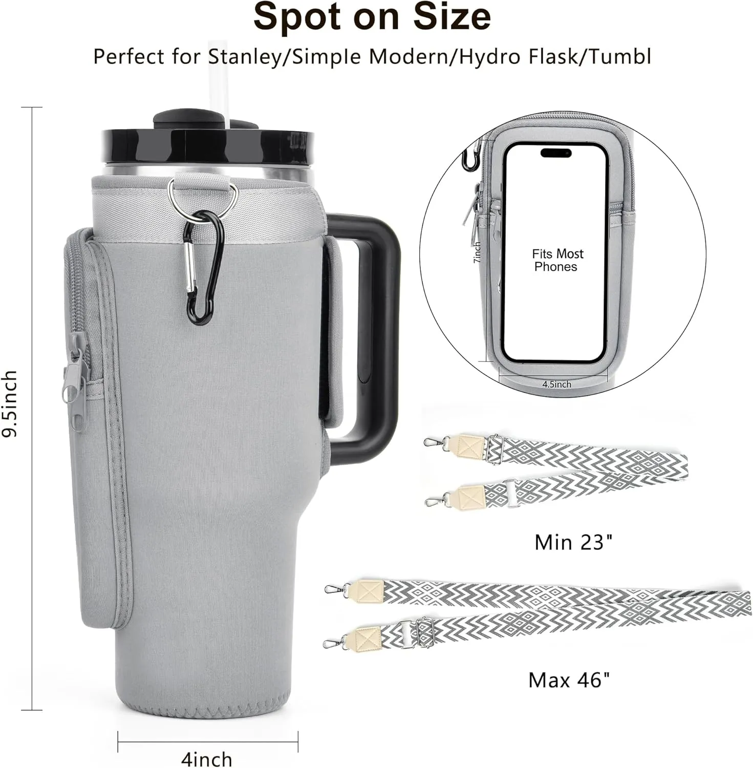 LOKASS Water Bottle Holder with Strap for Stanley Cup 30 oz Tumbler with Handle, Personalized Initial Gift, Water Bottle Carrier Bag with Phone Pocket & Carabiner for Stanley Cup Accessories