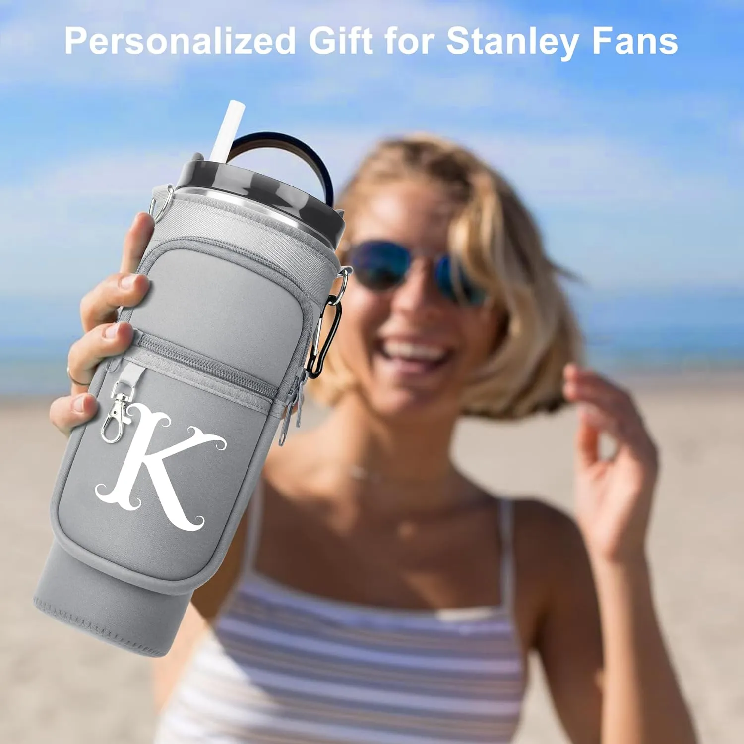 LOKASS Water Bottle Holder with Strap for Stanley Cup 30 oz Tumbler with Handle, Personalized Initial Gift, Water Bottle Carrier Bag with Phone Pocket & Carabiner for Stanley Cup Accessories