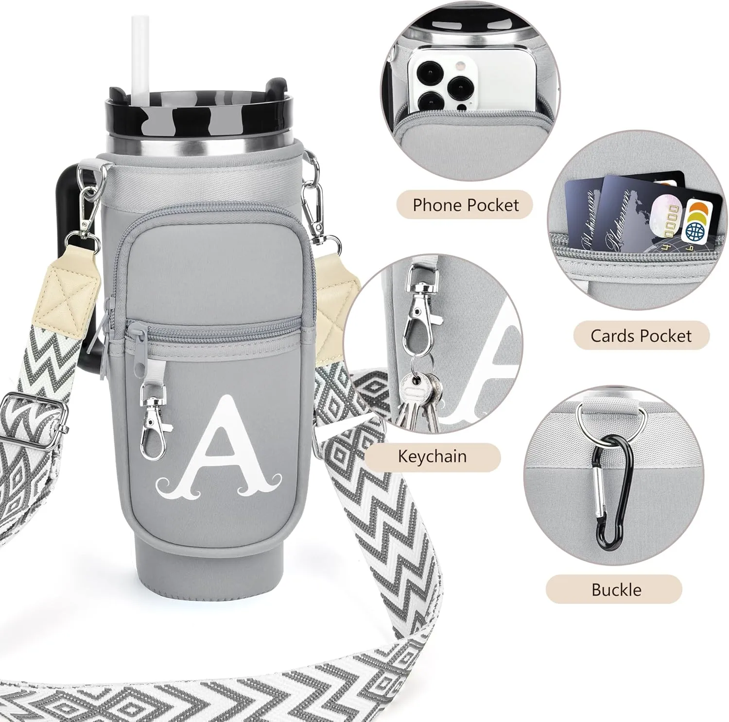 LOKASS Water Bottle Holder with Strap for Stanley Cup 30 oz Tumbler with Handle, Personalized Initial Gift, Water Bottle Carrier Bag with Phone Pocket & Carabiner for Stanley Cup Accessories