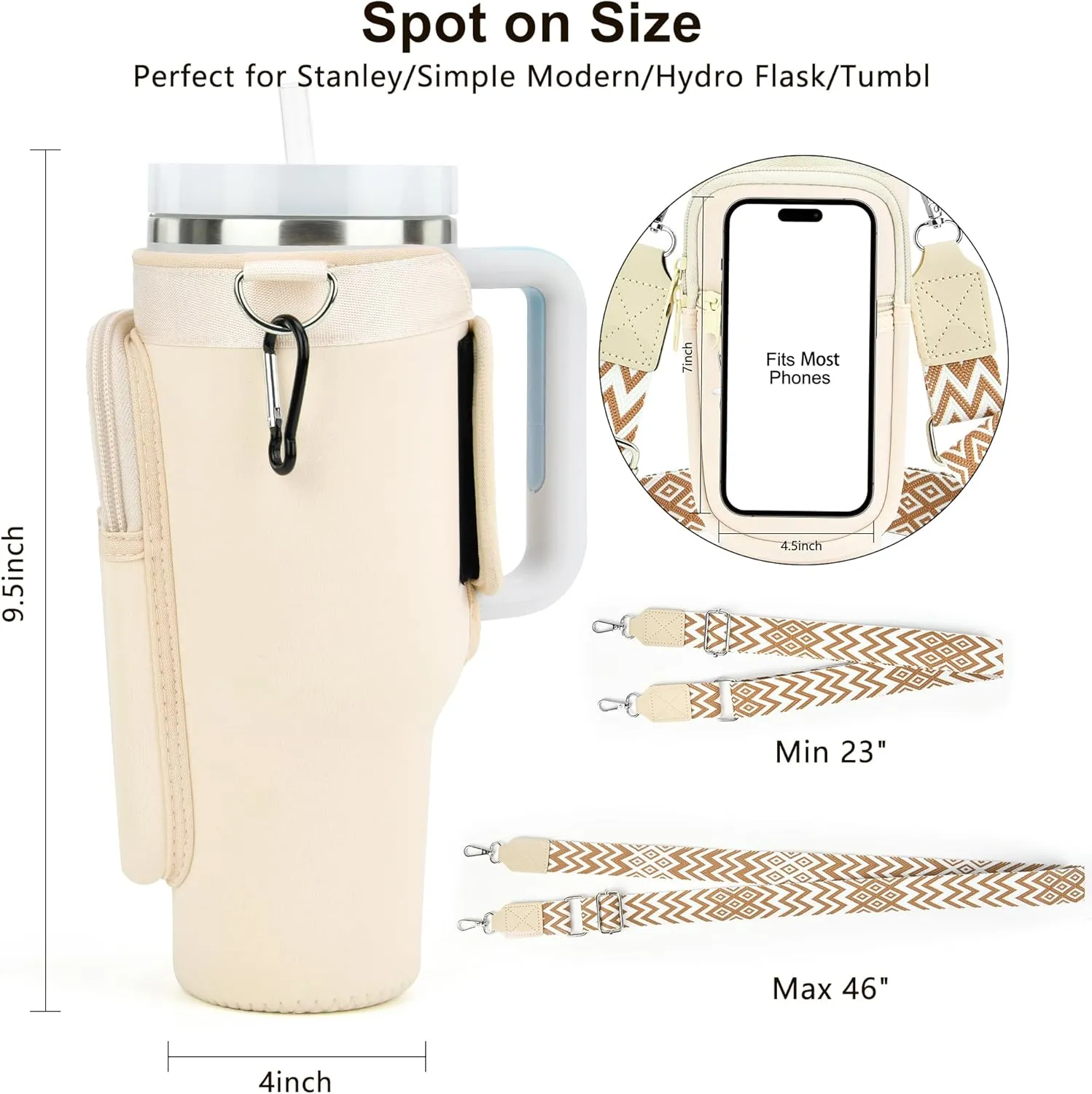 LOKASS Water Bottle Holder with Strap for Stanley Cup 40 oz Tumbler with Handle, Personalized Initial, Water Bottle Carrier Bag with Phone Pocket for Stanley Cup Accessories