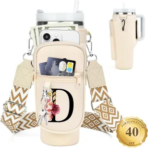 LOKASS Water Bottle Holder with Strap for Stanley Cup 40 oz Tumbler with Handle, Personalized Initial, Water Bottle Carrier Bag with Phone Pocket for Stanley Cup Accessories