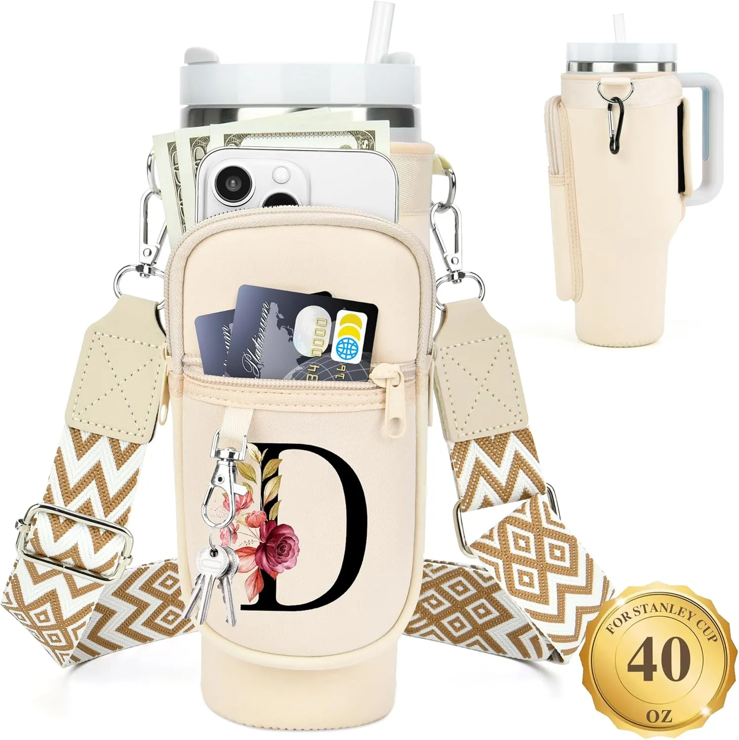 LOKASS Water Bottle Holder with Strap for Stanley Cup 40 oz Tumbler with Handle, Personalized Initial, Water Bottle Carrier Bag with Phone Pocket for Stanley Cup Accessories