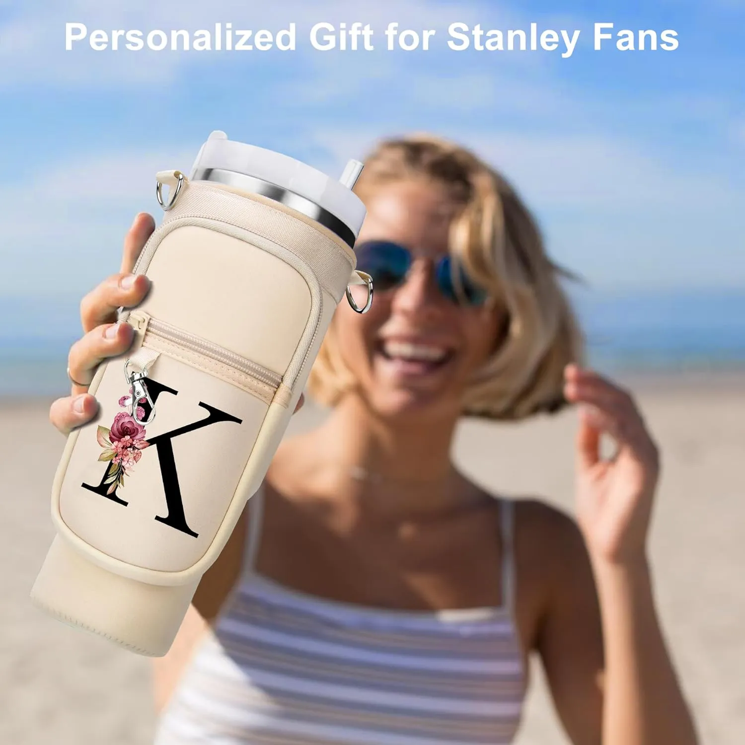 LOKASS Water Bottle Holder with Strap for Stanley Cup 40 oz Tumbler with Handle, Personalized Initial, Water Bottle Carrier Bag with Phone Pocket for Stanley Cup Accessories