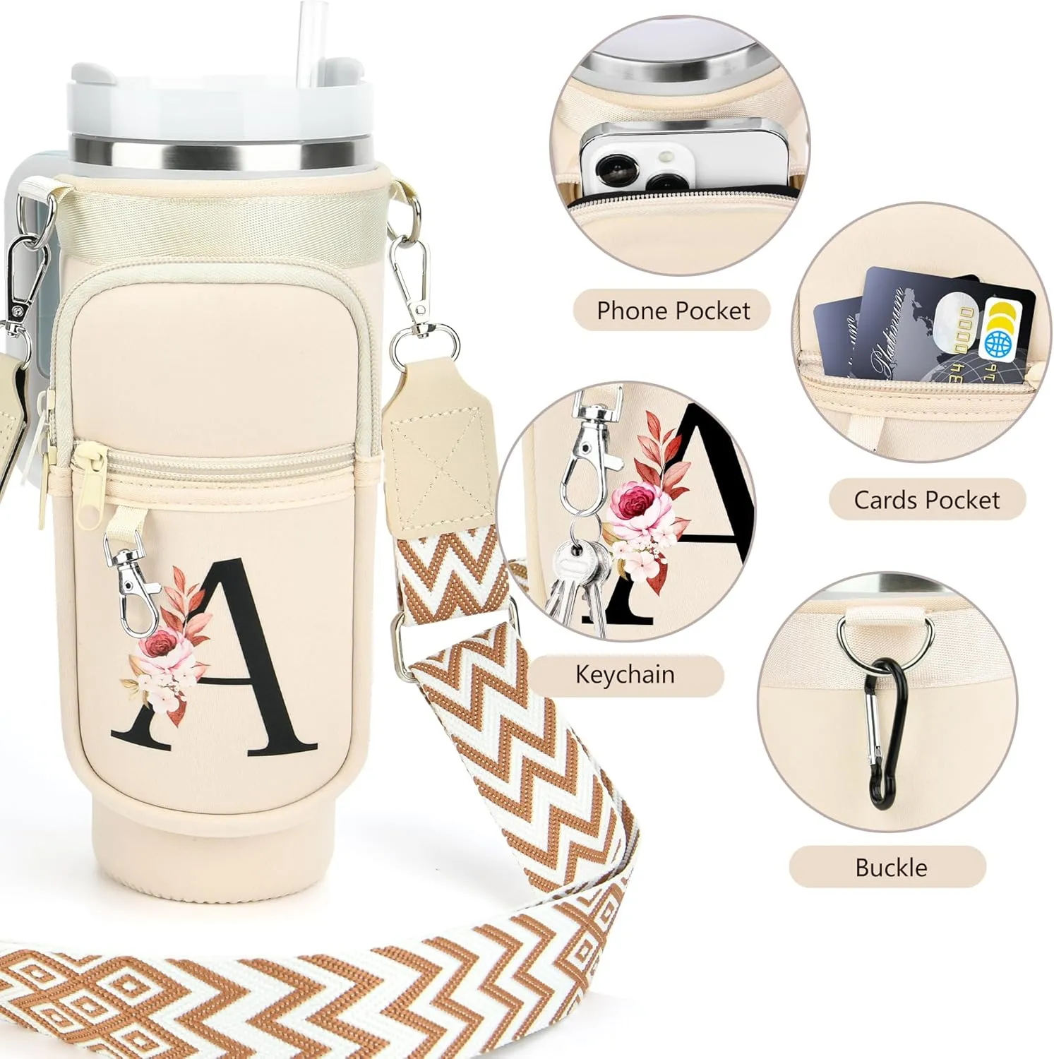 LOKASS Water Bottle Holder with Strap for Stanley Cup 40 oz Tumbler with Handle, Personalized Initial, Water Bottle Carrier Bag with Phone Pocket for Stanley Cup Accessories